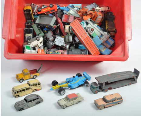 A large collection of assorted vintage diecast model cars and other vehicles, by makers to include; Dinky Toys, Corgi Toys, C