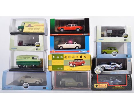 A collection of x12 assorted diecast model cars and other vehicles of various scales and makers to include Oxford, Vanguards,