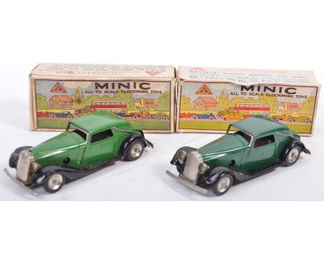 Two original vintage boxed Triang / Tri-ang Minic Line Bros made tinplate clockwork Vauxhall Cabriolet cars. Green and black 