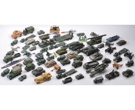 A large collection of assorted vintage Military related diecast model vehicles by makers Dinky Toys, Corgi Toys, Matchbox, Le