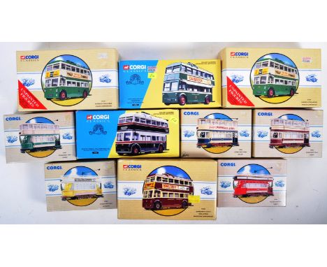 A collection of x10 Corgi made Classics boxed diecast model public transport buses and trams. To include; 34702, 34701, 97316