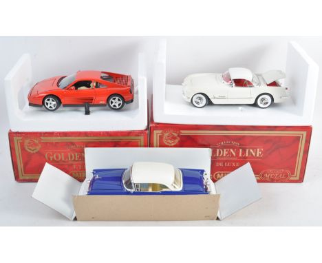 A collection of x3 Mira Golden Line 1/18 scale boxed diecast model cars comprising 1954 Corvette, 1955 Buick and a red Ferrar