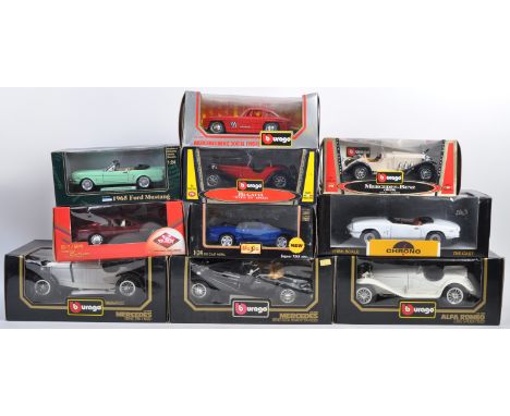 A collection of x10 assorted 1/18 and 1/24 scale boxed diecast model cars by makers Bburago, Maisto, Chrono and Guiloy. Examp