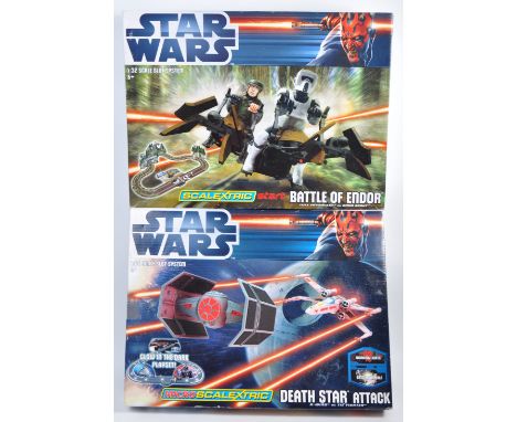 Two original Hornby Scalextric made boxed Star Wars slot racing sets comprising C1288 Battle of Endor Luke Skywalker Vs Biker