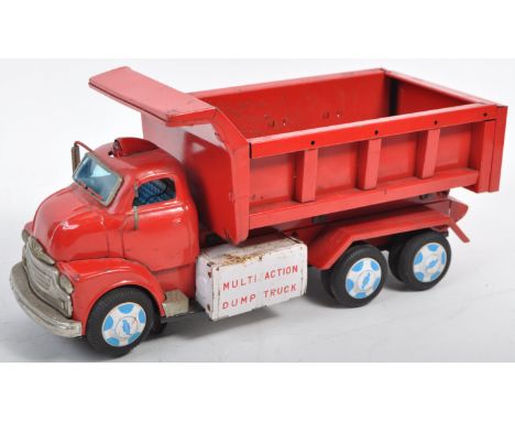 An original 1960's vintage ' Yonezawa ' made Japanese tinplate battery operated mechanical Chevrolet Dump Truck. Red bodywork