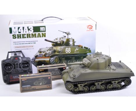 An original ' HengLong ' made 1/16 scale RC radio controlled Battle Tank model No. 3898-1 ' M4A3 Sherman Tank '. The tank fea