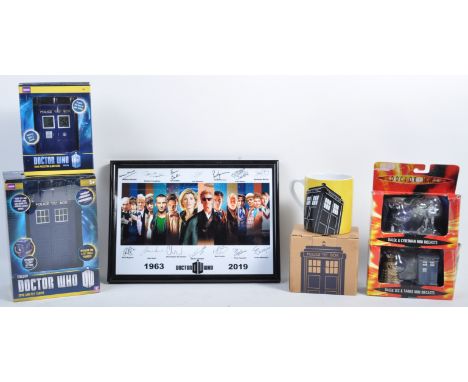 A collection of x6 assorted Doctor Who related memorabilia / action figure toys to include a x2 ' Character Options ' made Ta