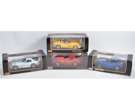 A collection of x4 Maisto made boxed 1/18 scale diecast model Dodge Viper cars comprising models No. 31632 yellow Viper SRT-1