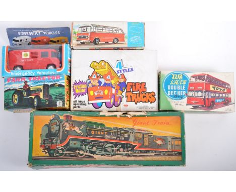 A collection of x6 assorted tinplate and plastic model buses, trains and other vehicles comprising x3 Japanese made tinplate 