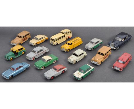 A collection of x15 original vintage Dinky Toys diecast model cars and other vehicles comprising models No. 443 Petrol Tanker