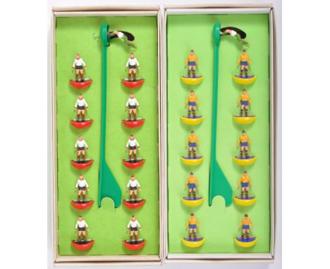 Two original vintage early 1970's Subbuteo table top football / soccer boxed 00 scale players comprising ' Rumania ' and a bl