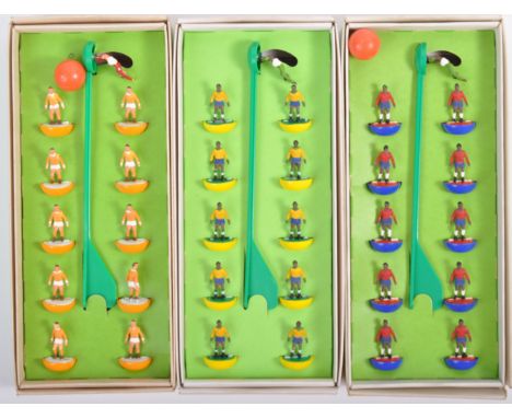 A collection of x3 original vintage early 1970's Subbuteo table top football / soccer boxed 00 scale players comprising Brazi