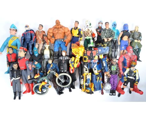 A large collection of assorted 1/6 scale 12" action figures to include Marvel, Fantastic 4, The Thing, Star Wars, Anakin / Da