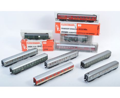 A collection of x10 assorted Fleischmann made HO / 00 gauge model railway trainset locomotive coaches and carriages comprisin