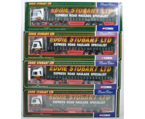 A collection of x4 Corgi made 1/50 scale boxed diecast Eddie Stobart model trucks comprising models No. 76602 Scania Box Trai