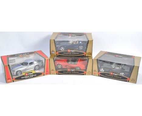 A collection of 4x Bburago / Burago made 1/18 scale diecast model Dodge cars comprising x3 model No. 3365 Dodge Viper RT/10 b