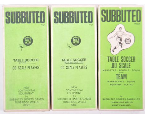 A collection of three original vintage 1970's Subbuteo made 00 scale table top football table soccer teams comprising Manches