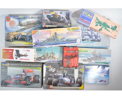 A collection of x12 assorted plastic (and other) model kits of various scales and makers to include; Revell Cutty Sark, x2 Re