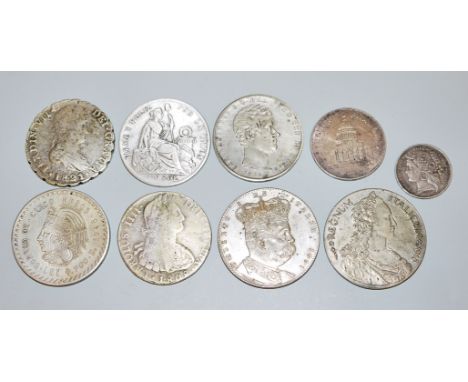 8 Silbermünzen 19./ 20. Jh.900er Silber: 8 Reales Charles IV Bolivien Potosi 1808, abgegriffen; 8 Reales Ferdinand VII 1821 M