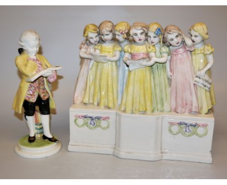 Mädchenchor und Mozart, zwei Majolikaplastiken der Wiener Kunstkeramischen Werkstätte Busch &amp;amp; Ludescher  bzw. Goldsch