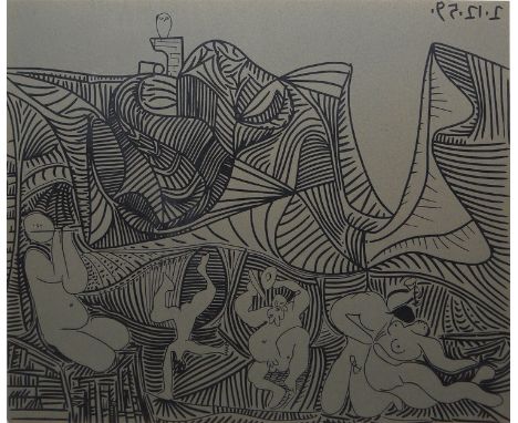 Pablo Picasso, nach, "Bacchanale mit Liebespaar und Eule", Linolschnitt-Faksimile, Louis Leiris Gallery 1962, gerahmtNach Pab