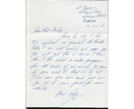  Roy Bentley Handwritten letter, written and signed by former Chelsea and Newcastle player Roy Bentley. Refers to "an auction