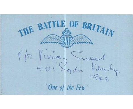  V R Snell 501 sqdn signed card. Battle of Britain WW2 pilot. Good condition 