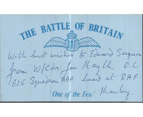  J R Kayll 615 sqdn signed card. Battle of Britain WW2 pilot. Good condition 