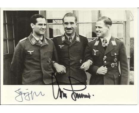  Gen Adolf Galland KC 104 victories &  Mjr Gerhard Schopfel KC double signed 6 x 4 b/w portrait photo. Good condition 
