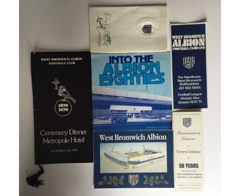 WEST BROMWICH ALBION MEMORABILIA
Tommy Glidden 50 years presentation dinner menu, Centenary dinner menu, West Bromwich Albion