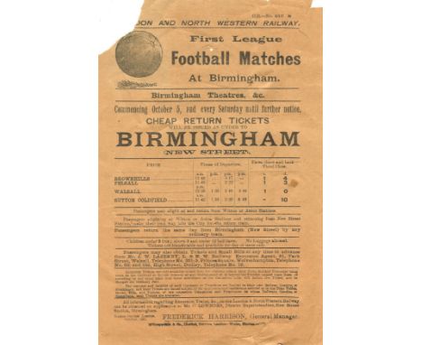 RAILWAY - 1907 L&amp;NWR ORIGINAL HANDBILL FOOTBALL AT ASTON VILLA &amp; BIRMINGHAM&nbsp;
Corner loss, otherwise good.