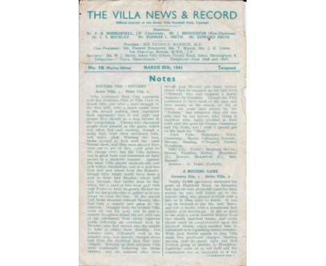 1943-44 ASTON VILLA V COVENTRY CITY WAR CUP
Football Lge War Cup game plated 15th May 1944
Fold's, Chipping on edges and gene