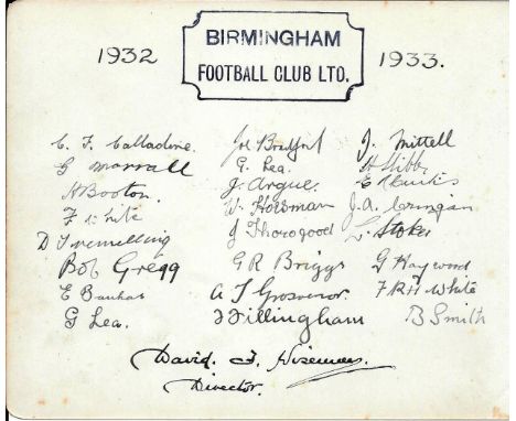 BIRMINGHAM VINTAGE AUTOGRAPHED ALBUM PAGE 1932-33
Signed in pen by 24 players and 1 Director
Very neatly set out