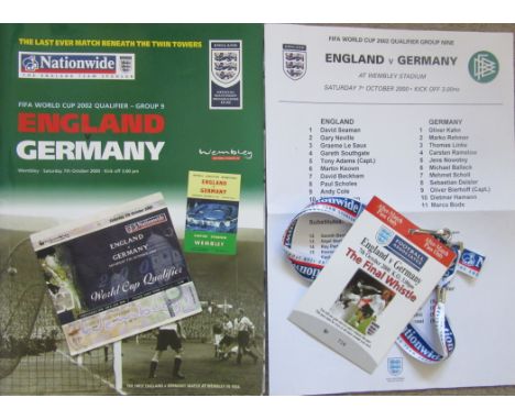 2000 ENGLAND V GERMANY LAST GAME AT OLD WEMBLEY - PROGRAMME, TICKET, TEAMSHEET, AFTER MATCH PASS
Good collection of items fro