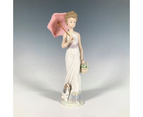 Glossy figure of a woman holding a pink parasol and a small basket of flowers. Her loyal puppy sits at her feet. Lladro backs