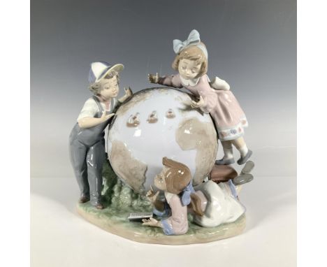 Large glossy figurine of three school children studying Columbus' three ships crossing the Atlantic on a giant globe. Globe f