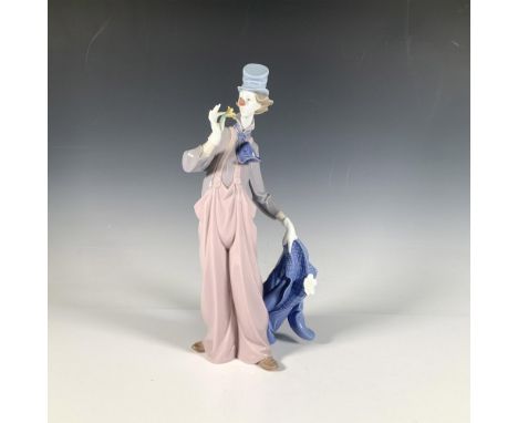 A glossy figure of a clown holding onto his blue jacket and a yellow flower. 1998 Vanguard Exclusive. Lladro backstamp. This 