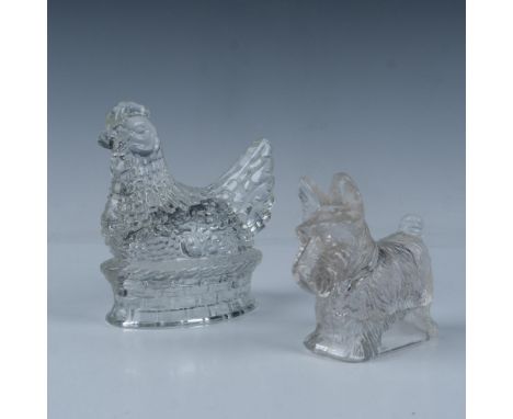 Set of two adorable retro decorative glass pieces that include a rooster and an Irish Scotty dog. Largest item dimensions: 5"