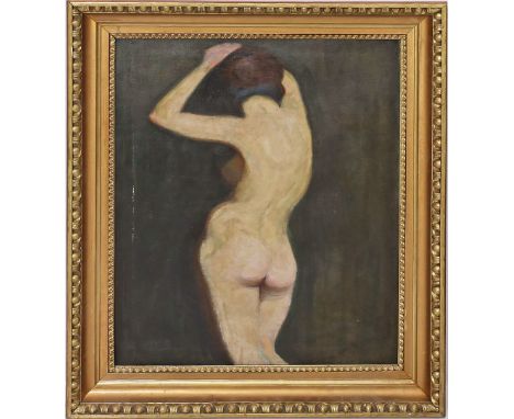 Unbekannter Maler (Anf. 20. Jh.) Weiblicher Rückenakt. Öl/Lwd. (Farbschäden und hinterlegte Besch.), li. u. unleserlich sign.