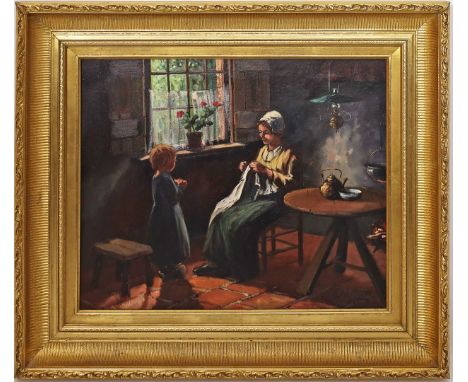 Brouwer, K. (20. Jh.) Mutter rmit Tochter in der Stube. Öl/Lwd., re. u. sign. 50x 60 cm. Goldstuckrahmen.