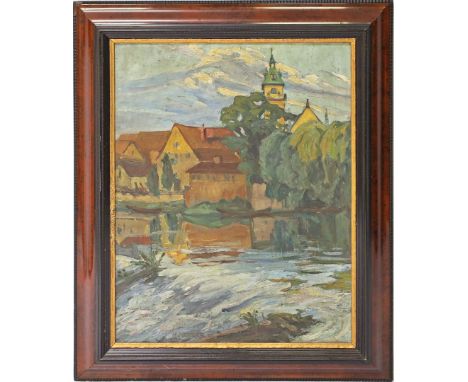 Metzger, Hermann (1896-1971) Ansicht wohl des Neckarwehres bei Cannstatt. Öl/Lwd. (Altersspuren), mittig u. sign. und dat. (1