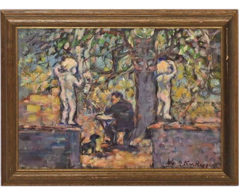 von Reppert, Irmgard Kaupisch (geb. 1897-?) Herr mit Hund im Park. Öl/Platte, re. u. sign. Ca. 40x 50 cm. R.