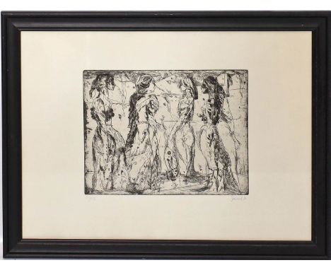 Steinel, Kurt (1929 Freiburg/Br. - Offenbach 2005) 4 Frauen in mittelalterlichen Gewändern. Kaltnadelradierung, re. u. mit Bl