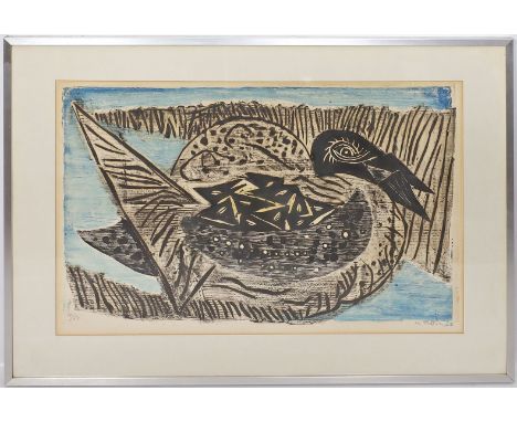 Unbekannter Maler (Mitte 20. Jh.) Ente am Seeufer. Farbholzschnitt, re. u. mit Bleistift unleserlich sign.und dat. (19)56 sow