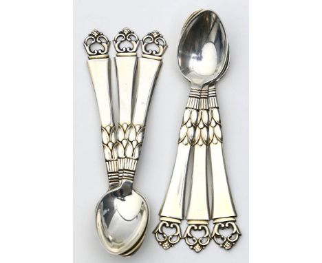 6 Mokkalöffel im Art Deco-Stil, Frigast. 830/000 Silber, 54 g. Griffe mit Ornamentrelief. Kratzer. Mz. Frigast und Beschau Ko