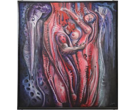 Großformatiges Ölgemälde (um 1991) Surreales Paar in der Art von H. R. Giger. Sprühfarbe/Lwd., re. u. sign. und dat. (19)91. 