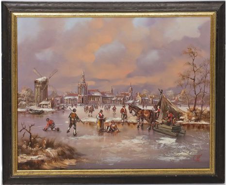 Monogrammist (20./21. Jh.) Zahlreiche Personen und Soldaten auf zugefrorenem Fluss vor Kleinstadt in der Abendröte. Öl/Holz, 