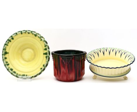 2 Art Deco-Schalen und Cachepot. Keramik. Verschiedene Formen, Bemalungen/Glasuren und Ausführungen. Gebrauchsspuren. Untersc