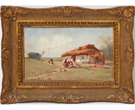Pörge, Gergely (1858 Pest – Budapest 1930) Balatonlandschaft mit Personengruppe und Karren vor Bauernkate. Öl/Holz, li. u. si