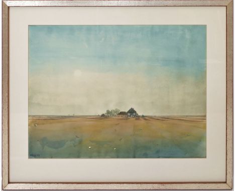Zirkel, Dieter (geb. 1941 Berlin) Weite Landschaft mit Gehöft. Gouache, li. u. sign. und dat. (19)75. 42x 55 cm. PP., R.